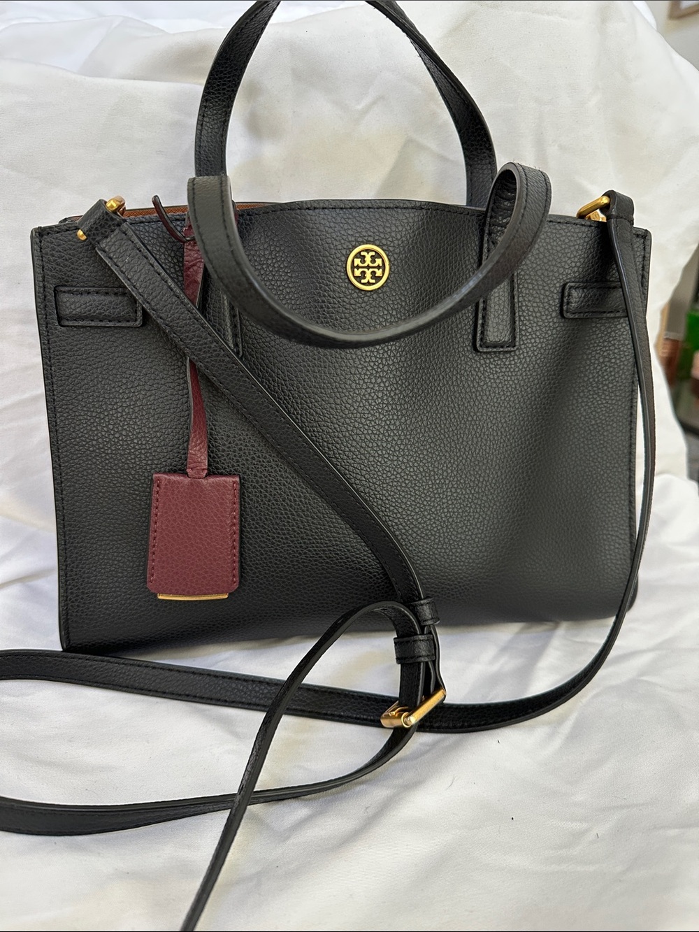 Tory Burch Leather Top-Handle Satchel in Black with Burgundy Tag